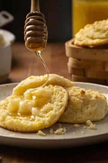 Homemade honey butter biscuits with honey being drizzled over them.