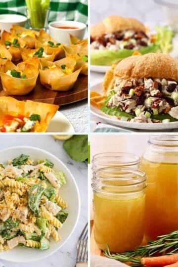 A collage of four chicken dishes made with leftover chicken, including two chicken salads and chicken stock.