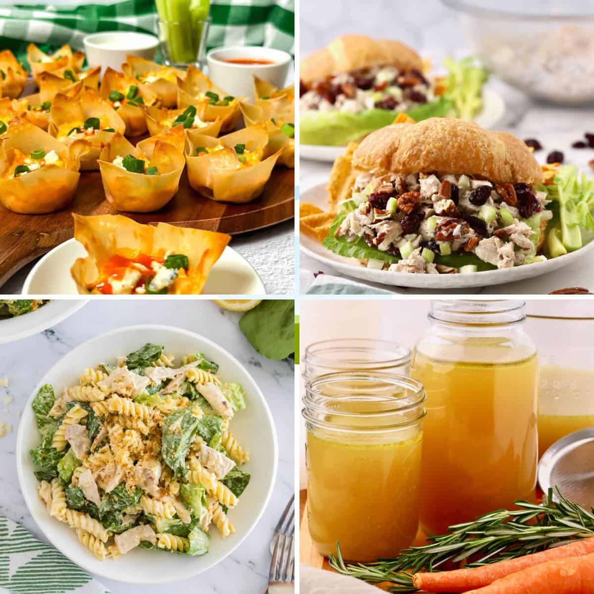 A collage of four chicken dishes made with leftover chicken including two chicken salads and chicken stock. 