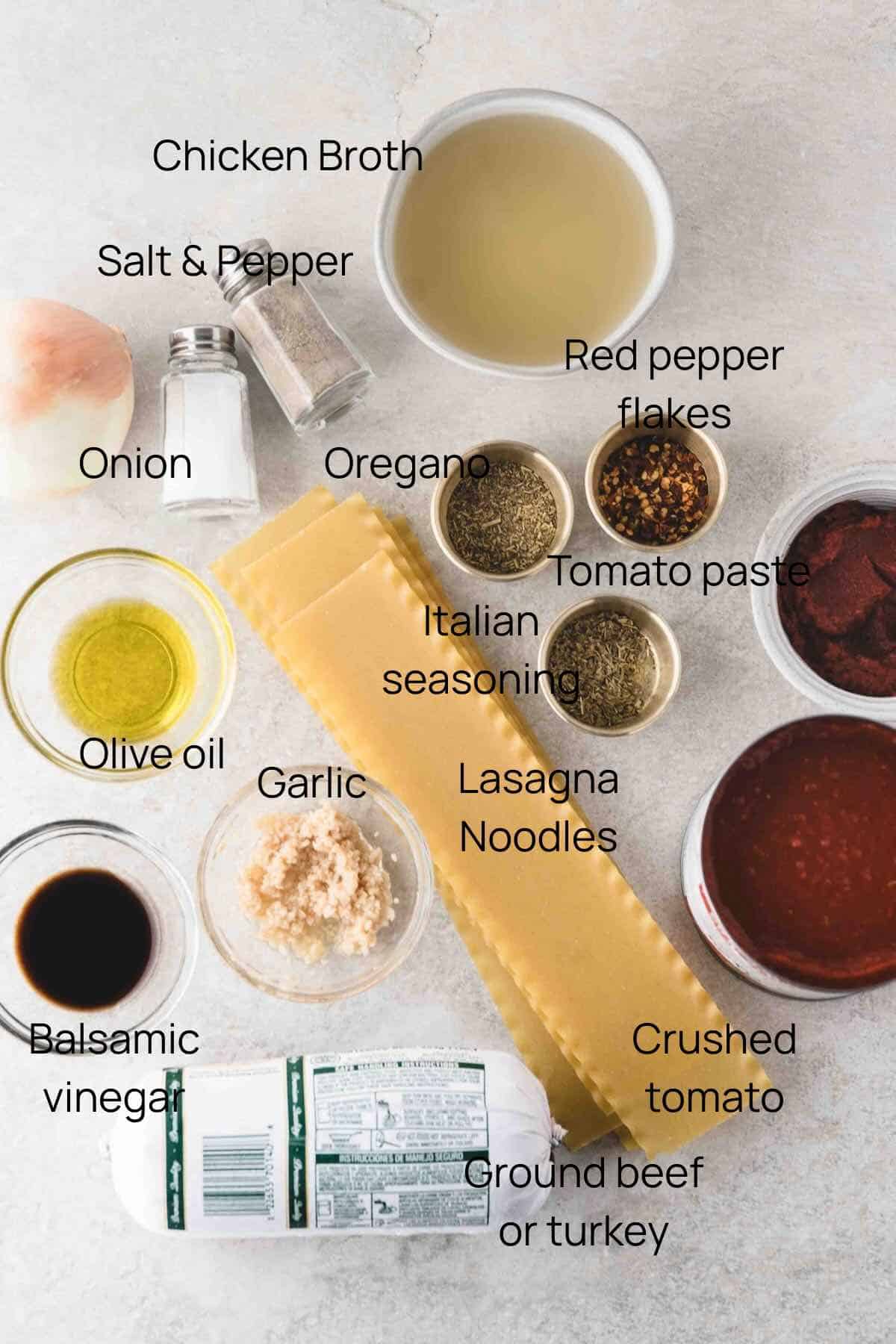 Ingredients for Lasagna Soup include, crushed tomatoes, tomato paste, onion, garlic, seasonings, and lasagna noodles.